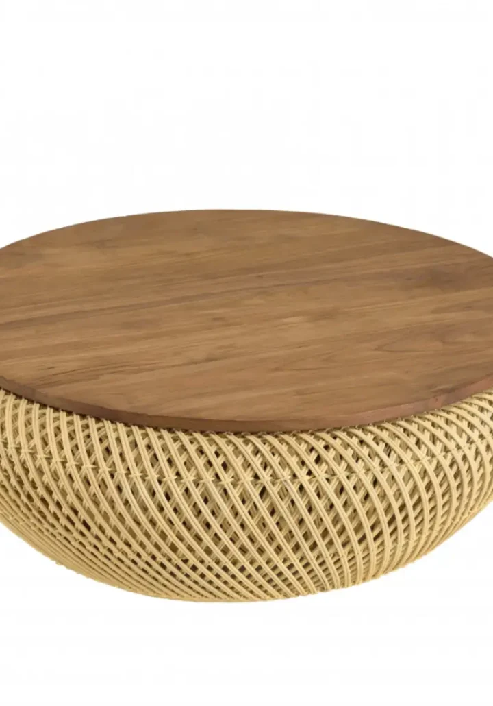 Round Rattan Coffee Table with Teak Top